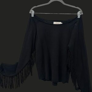 Chic Off-the-Shoulder Black Fringe Sweater
